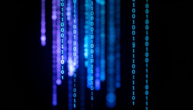 Digital Cascade: A dynamic display of binary code streams, cascading in vibrant hues of blue and purple against a dark backdrop, symbolizing the complex world of data and digital transformation.