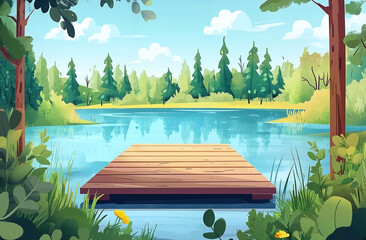 Serene lakeside cartoon scene with wooden pier under a bright blue sky