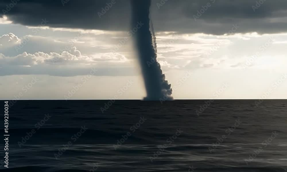 Poster Dramatic waterspout forming over the ocean under a moody sky with clouds, creating a dynamic scene