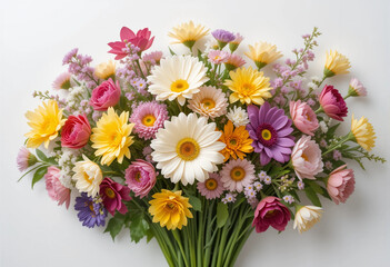 Obraz premium Vibrant bouquet of wildflowers, daisies, gerberas, and sunflowers in soft natural light.