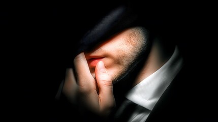 Anonymous person hiding face, emotional expression in dim light, conveys feelings of distress or anxiety, suitable for mental health themes.