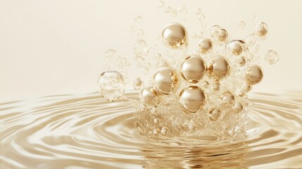 Golden spheres splashing in liquid, cream background, beauty product ad