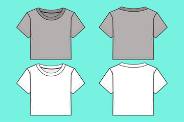 Ladies crop T-shirt bundle fashion flat sketch template outline CAD mockup front and back views.