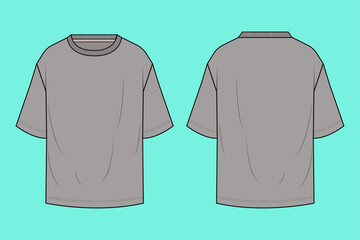 Men's crew neck drop shoulder T-shirt fashion flat sketch technical drawing template front and back views.