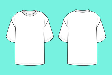 Men's crew neck Black and white drop shoulder T-shirt fashion flat sketch technical drawing template front and back views.