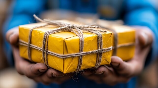 Hands Holding Wrapped Gift with String Closeup