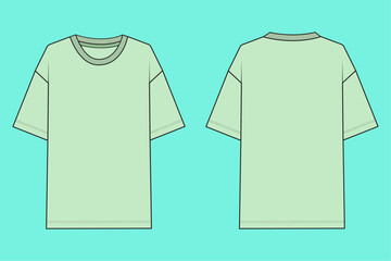Men's drop shoulder short sleeve T-shirt fashion flat sketch CAD mockup front and back views.