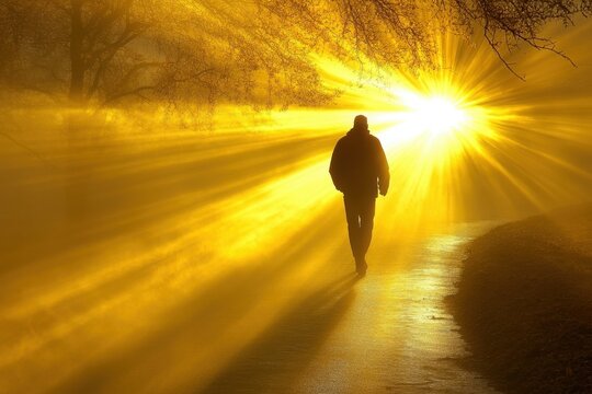 A person walks along a sunlit path, surrounded by golden rays of sunlight streaming through trees in a serene outdoor setting.