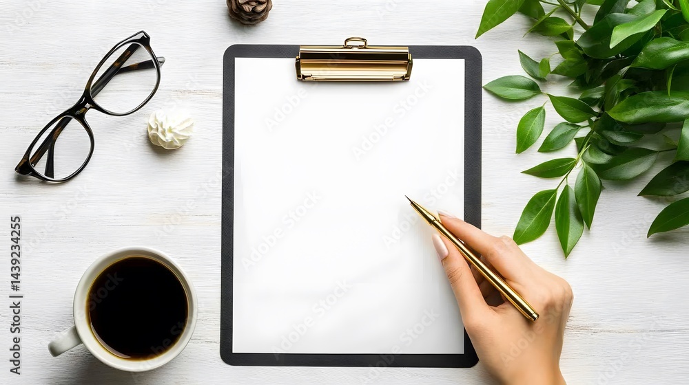 Poster flat lay of blank clipboard with writing implement.