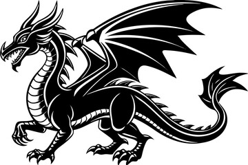 Black and white dragon tattoo vector illustration shows a fantasy creature silhouette, a tribal design of an ancient heraldic animal with wings