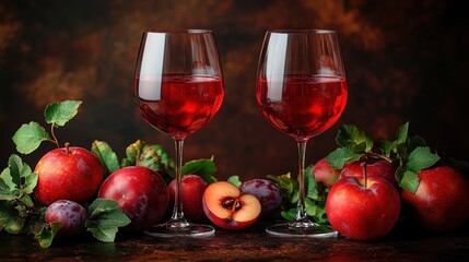 Two Glasses Of Red Apple Juice With Apples And Plums