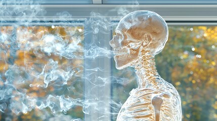 Obraz premium Human Skeleton Breathing Through Window with Smoke and Fall Colors