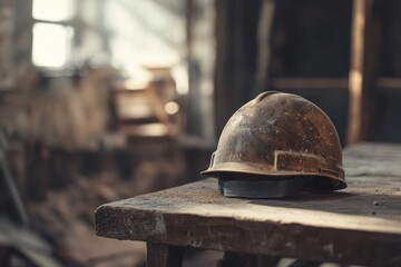 Dusty construction helmet on weathered wooden table.
