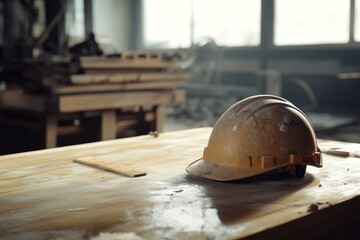 Dusty safety helmet rests on a worktable.