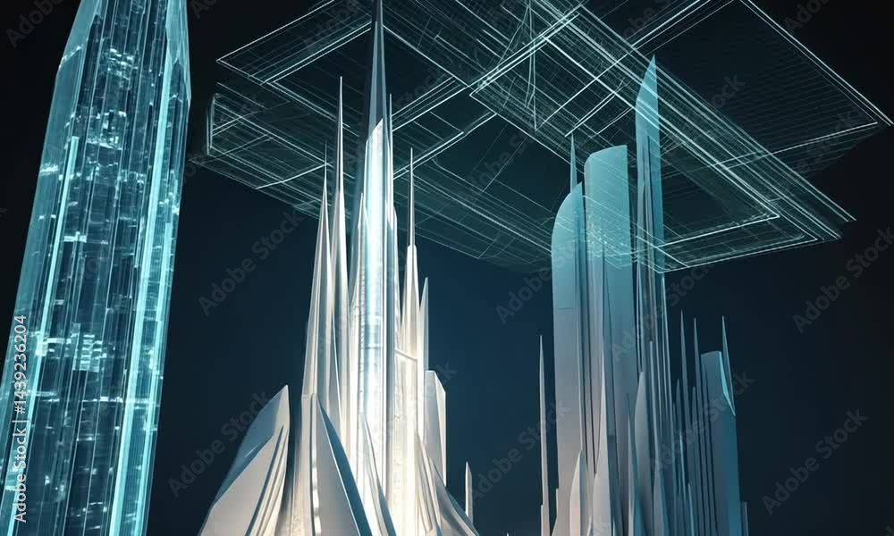 Poster futuristic architectural design showcasing a crystalline structure with digital elements