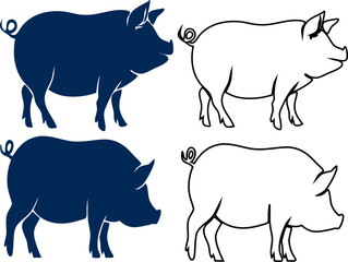Black pig silhouette, outline vectors set. Side view profile of pork outline icon isolated on white. Simple farm animal shadow shape for farming, wildlife, or pet designs.