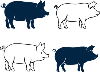 Pig silhouette and line vectors set. black outlined farm animals profile isolated on a white background. Perfect for farming, wildlife, pets, or agriculture illustrations.