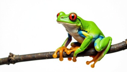 Naklejka premium Green tree frog perched on white, vibrant color , animal, isolated frog, macro