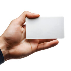 Obraz premium A hand holding a blank white card against a dark background in a studio setting with soft lighting