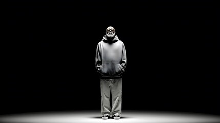 Person in a suit standing alone, dramatic lighting highlighting figure against a dark background, theme of solitude and reflection.