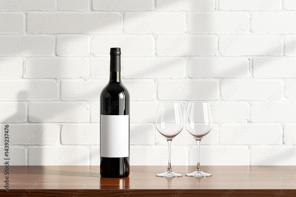 Aufkleber wine bottle with blank label and two empty glasses on wooden table against white brick background.