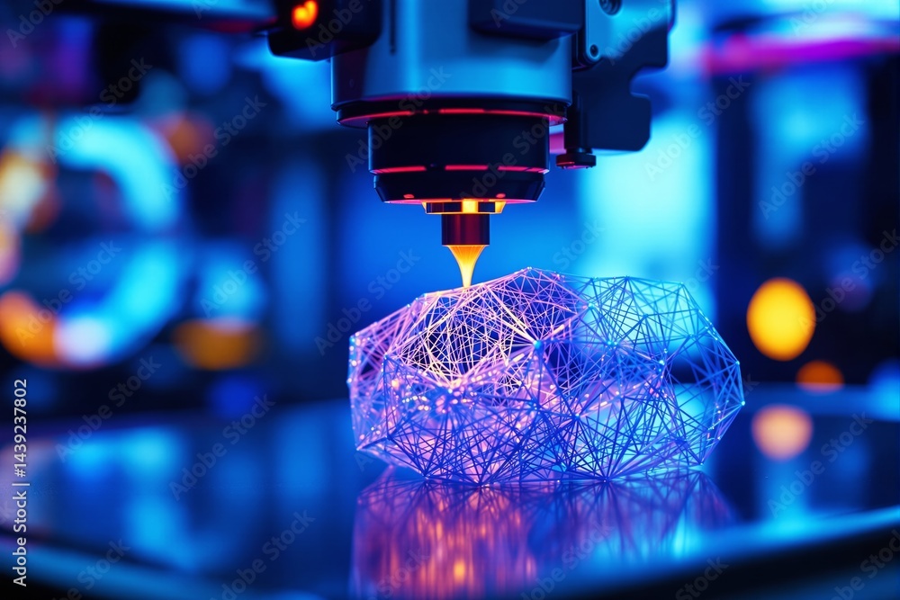 Poster Futuristic 3D printing process creating a complex geometric structure with glowing lines in an advanced industrial setting.