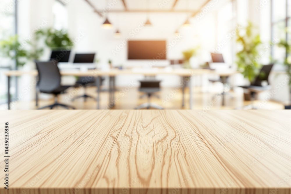 Poster empty wooden table in modern office with blurred background.