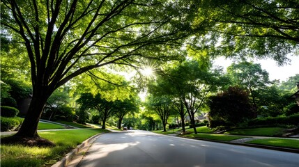 Obraz premium Lush tree-lined avenue through a residential neighborhood.