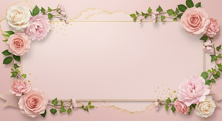 roses, peonies and ranunculuses frame on a pastel pink wedding invitations, greeting cards, floral decor, beauty branding, fashion, stationery, packaging, social media, posters, wallpapers,