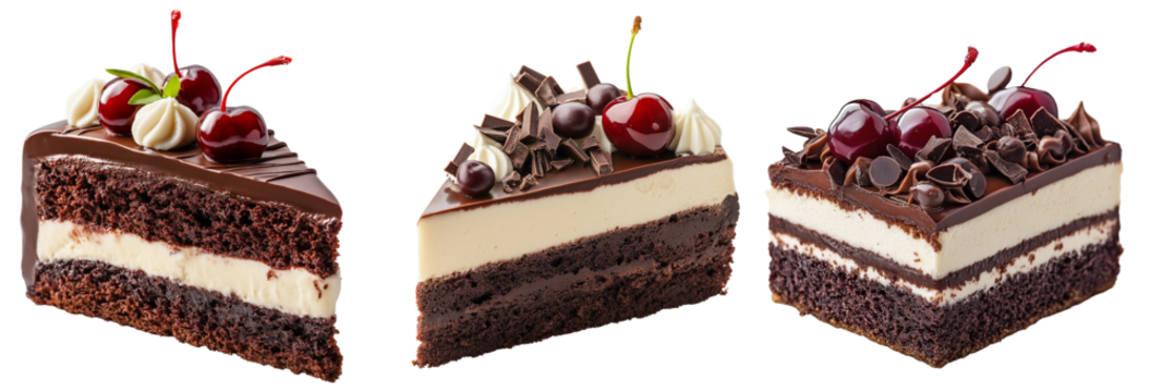 Chocolate Cake Slice with White Chocolate Topping and Cherry – Isolated on Transparent Background for a Delicious, Elegant Visual