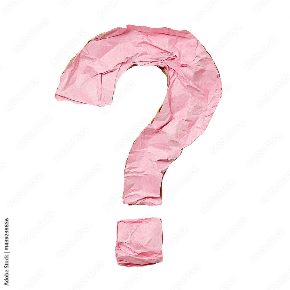 Poster pink crumpled paper question mark floating in a mysterious space, an enigma on a simple setting