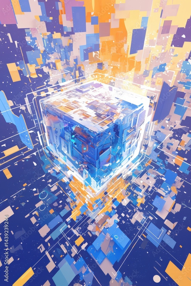 Poster glowing cube amidst abstract digital shapes and lines