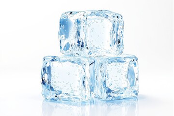 Crystal-clear ice cubes with bubbles stacked on a reflective surface.