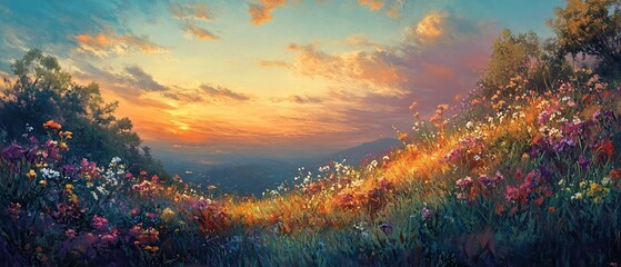 Colorful sunset meadow landscape