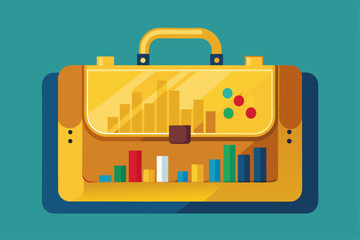 Golden Briefcase With Stock Market Charts Inside  a vector illustration