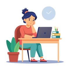 Bored woman sitting at desk. Tired sad office worker. Procrastination, burnout and boredom concept. Depressed upset exhausted lazy student. Flat vector illustration isolated on white background