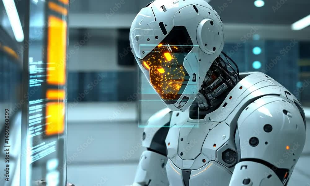 Poster futuristic robot interacting with a high-tech interface in a modern laboratory environment