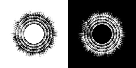 Dynamic abstract spiral sound wave rhythm lines. Circular spiral sound wave rhythm of lines. Circular futuristic abstract lines, black and white background.	
