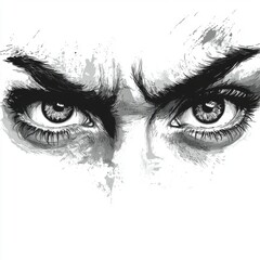 Fototapeta premium Intense Close-Up of Expressive Eyes with Dark Eyebrows and Dramatic Facial Expression in Artistic Black and White Style
