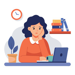 Bored woman sitting at desk. Tired sad office worker. Procrastination, burnout and boredom concept. Depressed upset exhausted lazy student. Flat vector illustration isolated on white background