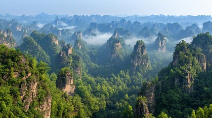 Misty mountain range, lush forests, serene landscape