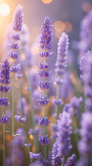 Fototapeta premium Delicate pastel purple lavender flower vines blooming with soft petals against warm pastel peach background under soft sunlight for relaxation stock photo floral botanical wallpaper background