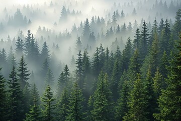 Obraz premium Misty forest landscape with evergreen trees and soft light.