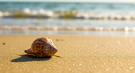 Seashell on Sandy Beach with Ocean Waves in Background