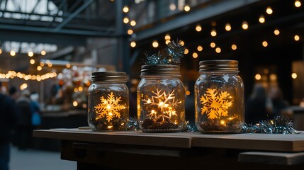 Illuminated glass jars with snowflakes at a Christmas market