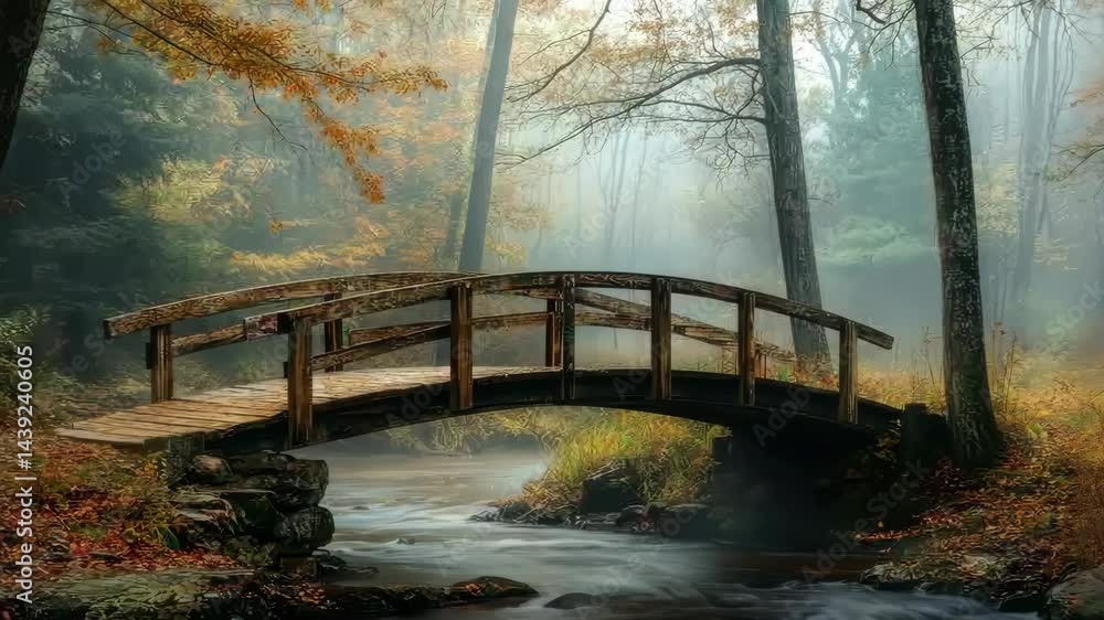 Poster serene autumn bridge over flowing stream in tranquil forest setting