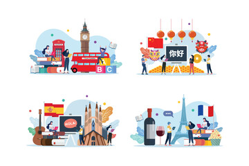 Set of people study studying foreign language