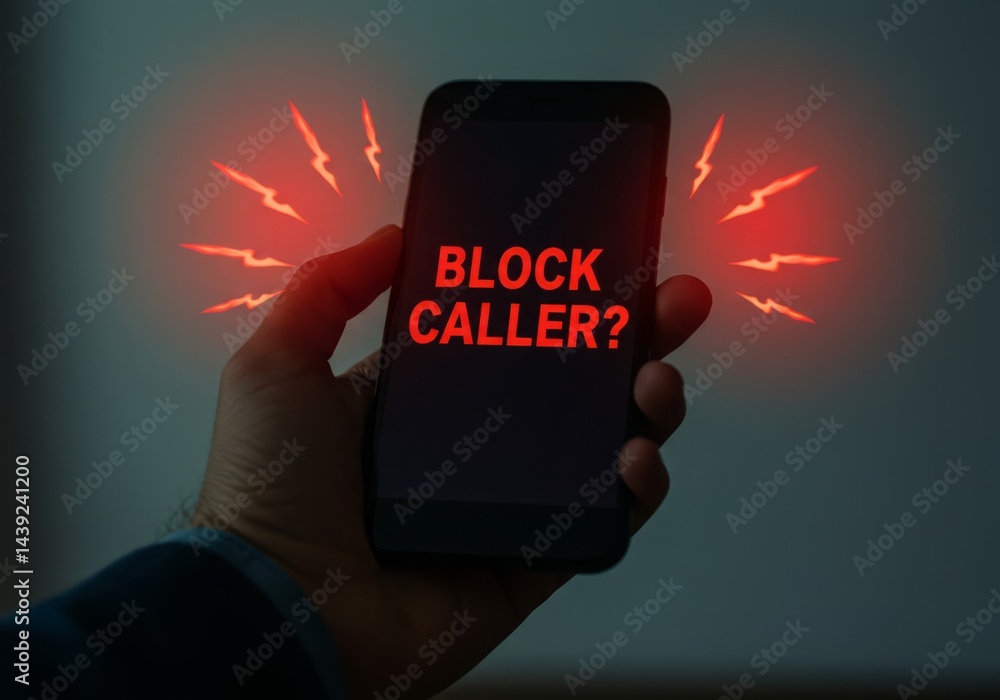 Aufkleber blocking unwanted caller on mobile phone with red warning signal effect