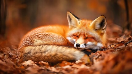 Naklejka premium Red fox sleeping autumn leaves forest wildlife