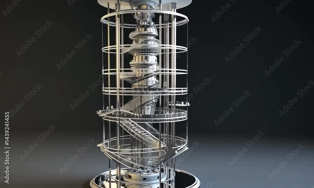 Poster futuristic spiral structure featuring transparent layers and intricate design, set against a dark ba